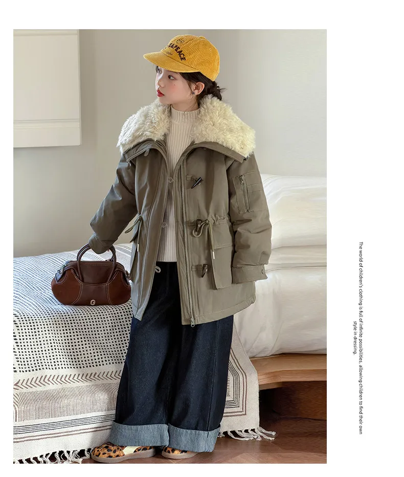 Teenager Girls Thicken Jackets Plush Velvet Fur Collar Kids Coats Children's Winter Warm Hooded Outerwear Fashion Padded Parka