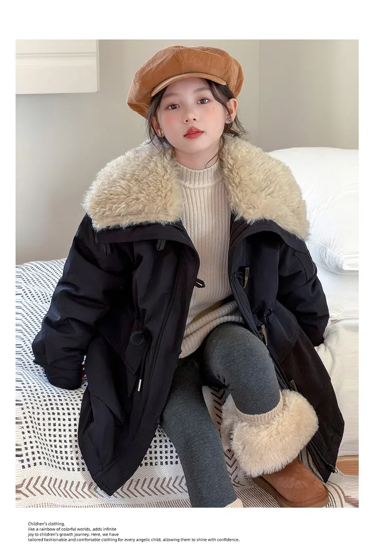 Teenager Girls Thicken Jackets Plush Velvet Fur Collar Kids Coats Children's Winter Warm Hooded Outerwear Fashion Padded Parka