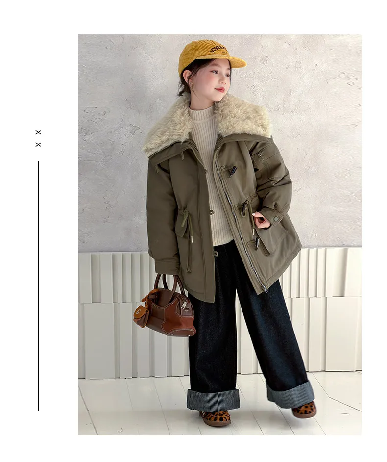 Teenager Girls Thicken Jackets Plush Velvet Fur Collar Kids Coats Children's Winter Warm Hooded Outerwear Fashion Padded Parka