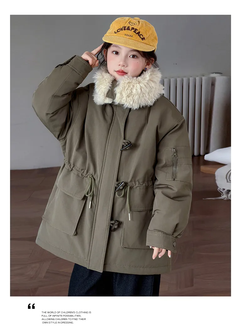 Teenager Girls Thicken Jackets Plush Velvet Fur Collar Kids Coats Children's Winter Warm Hooded Outerwear Fashion Padded Parka