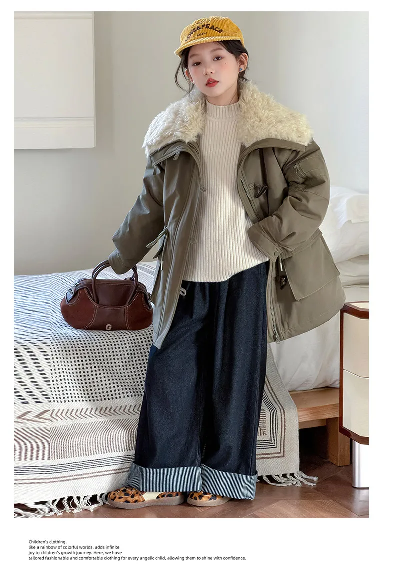 Teenager Girls Thicken Jackets Plush Velvet Fur Collar Kids Coats Children's Winter Warm Hooded Outerwear Fashion Padded Parka
