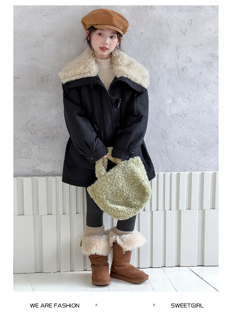 Teenager Girls Thicken Jackets Plush Velvet Fur Collar Kids Coats Children's Winter Warm Hooded Outerwear Fashion Padded Parka