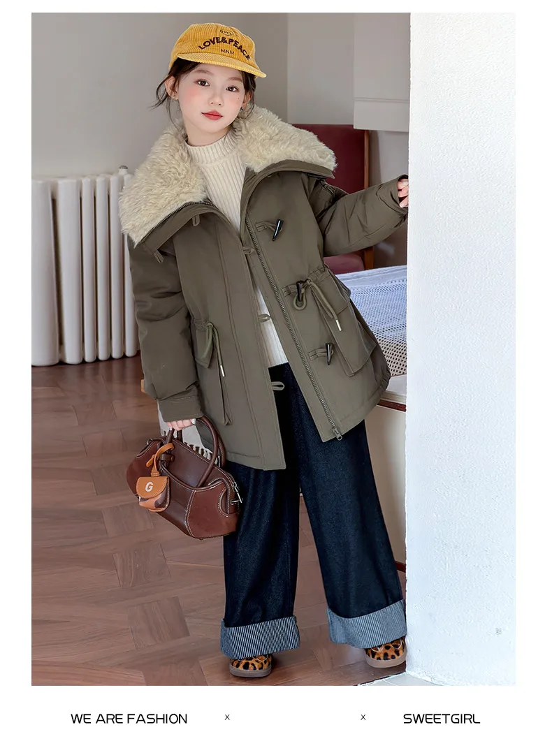 Teenager Girls Thicken Jackets Plush Velvet Fur Collar Kids Coats Children's Winter Warm Hooded Outerwear Fashion Padded Parka