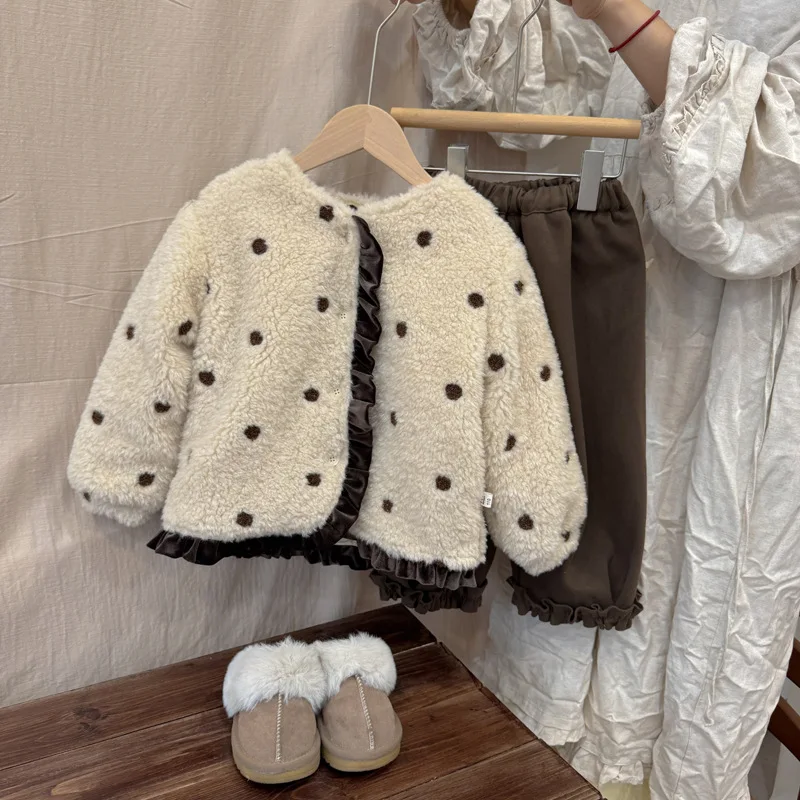 Winter Girls Polka Dot Embroidery Plush Coat Children Cotton Padded Jacket Fashion Baby Girl Cute Lace Coat Warm Coat -2026