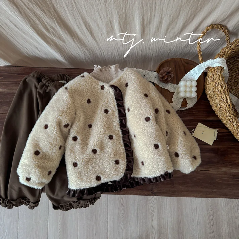 Winter Girls Polka Dot Embroidery Plush Coat Children Cotton Padded Jacket Fashion Baby Girl Cute Lace Coat Warm Coat -2026