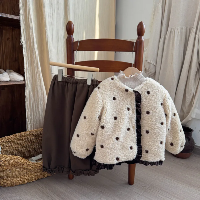 Winter Girls Polka Dot Embroidery Plush Coat Children Cotton Padded Jacket Fashion Baby Girl Cute Lace Coat Warm Coat -2026