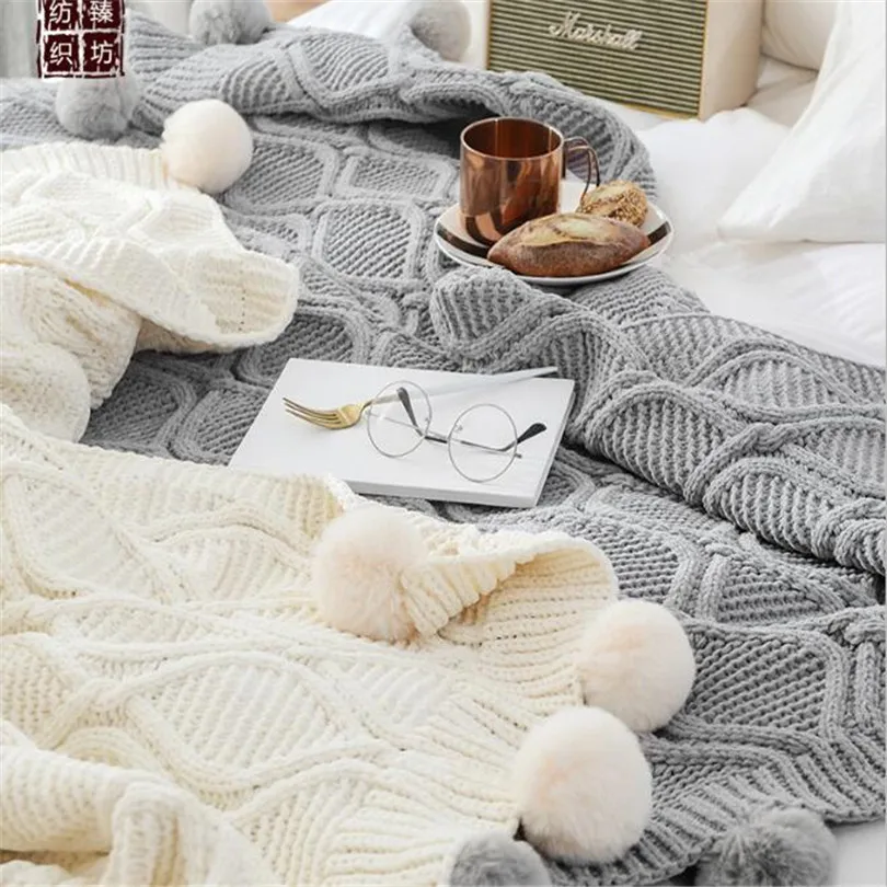 Knit Blanket Chunky Throw Blankets For Couch Sofa Cover Chenille Soft Pompom Decorative Blankets Home Decor Bedspread On Bed