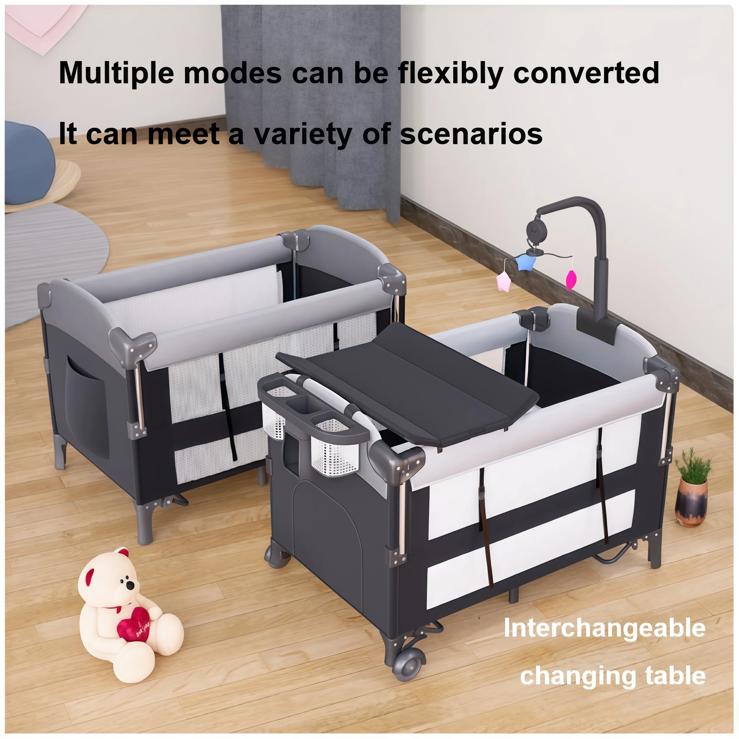 3-in-1 Bedside Crib for Co-Sleeping, Convertible Portable Baby Bassinet with Removable Side Panel, Height Adjustable Newborn Travel Cot, Breathable Mesh Infant Playpen with Diaper Changer and Toy Rack