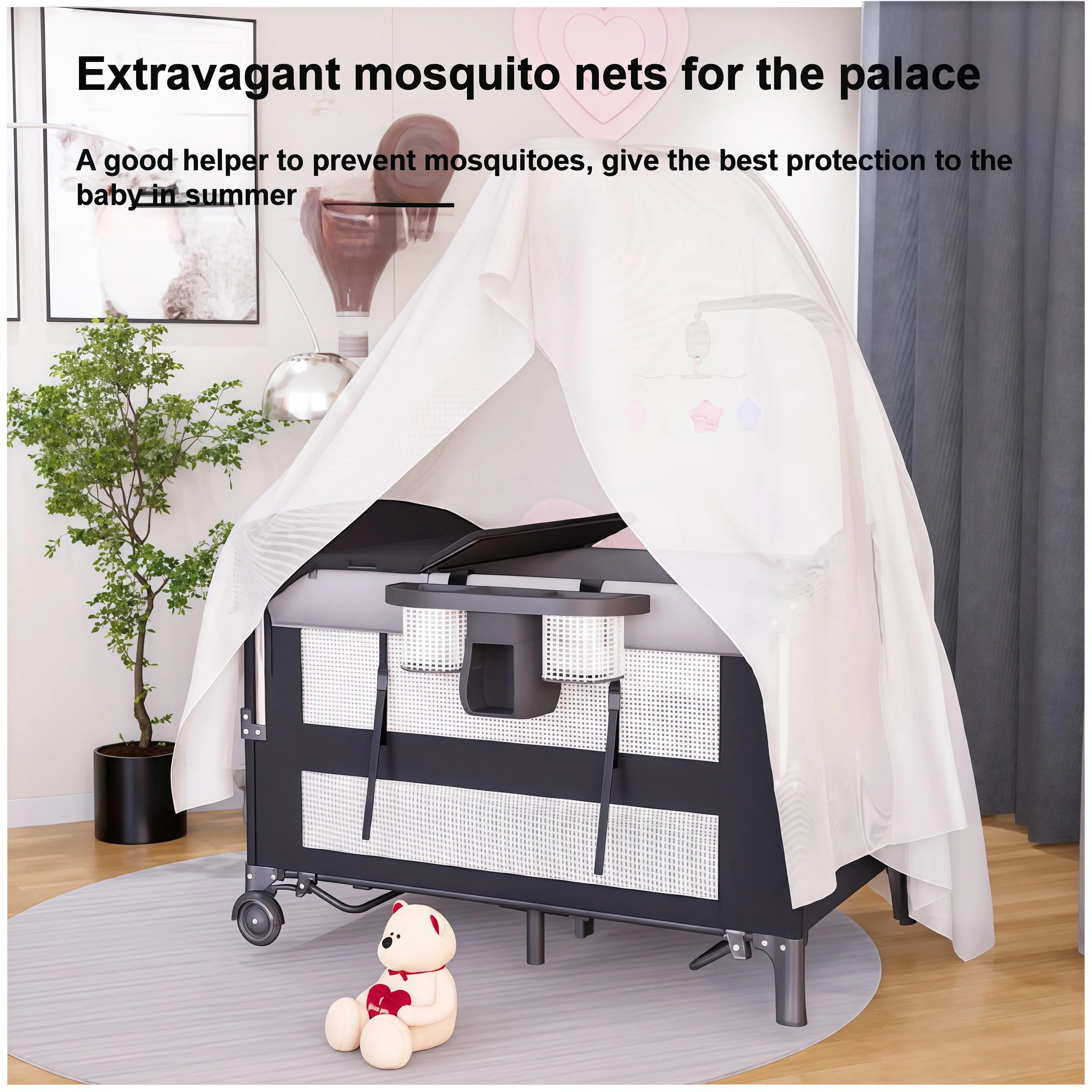 3-in-1 Bedside Crib for Co-Sleeping, Convertible Portable Baby Bassinet with Removable Side Panel, Height Adjustable Newborn Travel Cot, Breathable Mesh Infant Playpen with Diaper Changer and Toy Rack