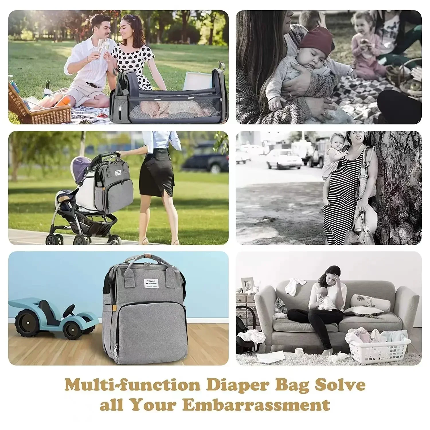 Foldable Bed Diaper Bag with Changing Station Insulated Pocket and Large Capacity Multifunctional Double Shoulder Mommy Bag