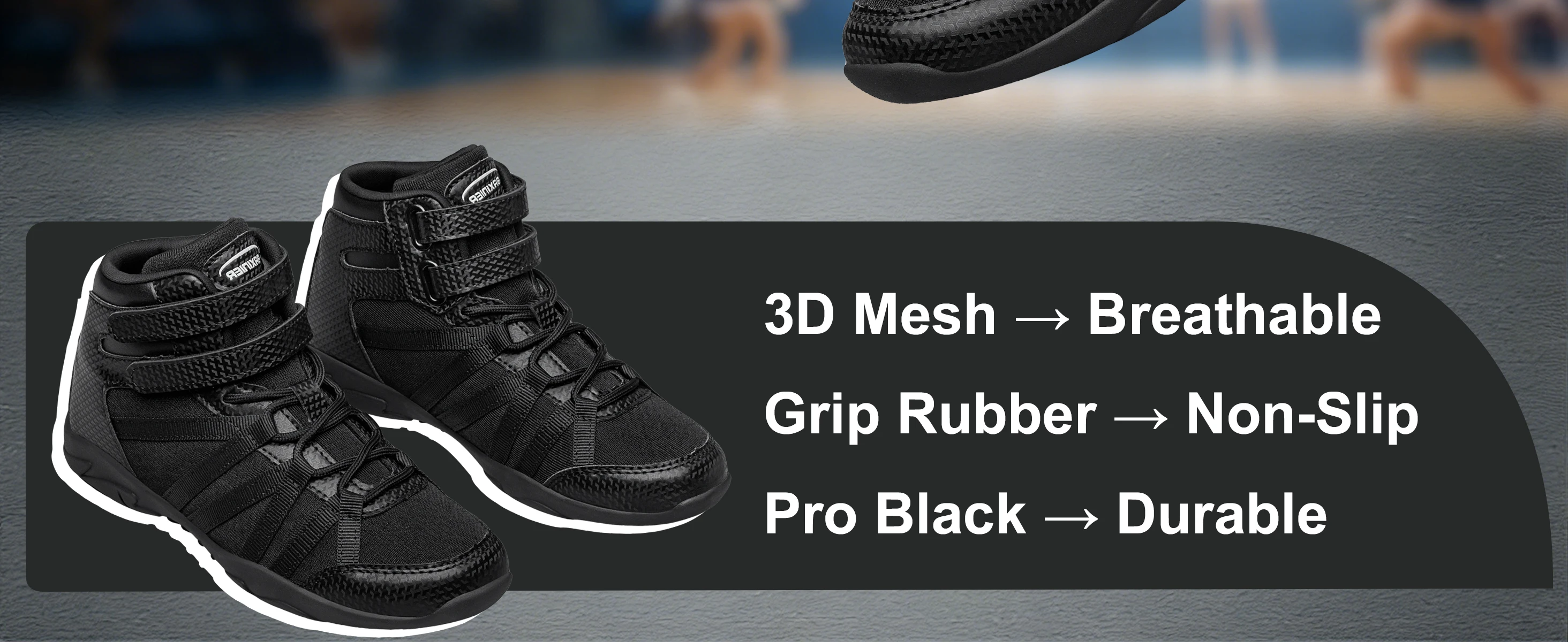 BAXINIER Black High Top Cheer Shoes for Youth Girls Boys Cheerleading Sneakers Ankle Support Breathable Mesh Hook Loop Closure Soft Insole Anti-Slip Rubber Outsole Athletic Training Dance