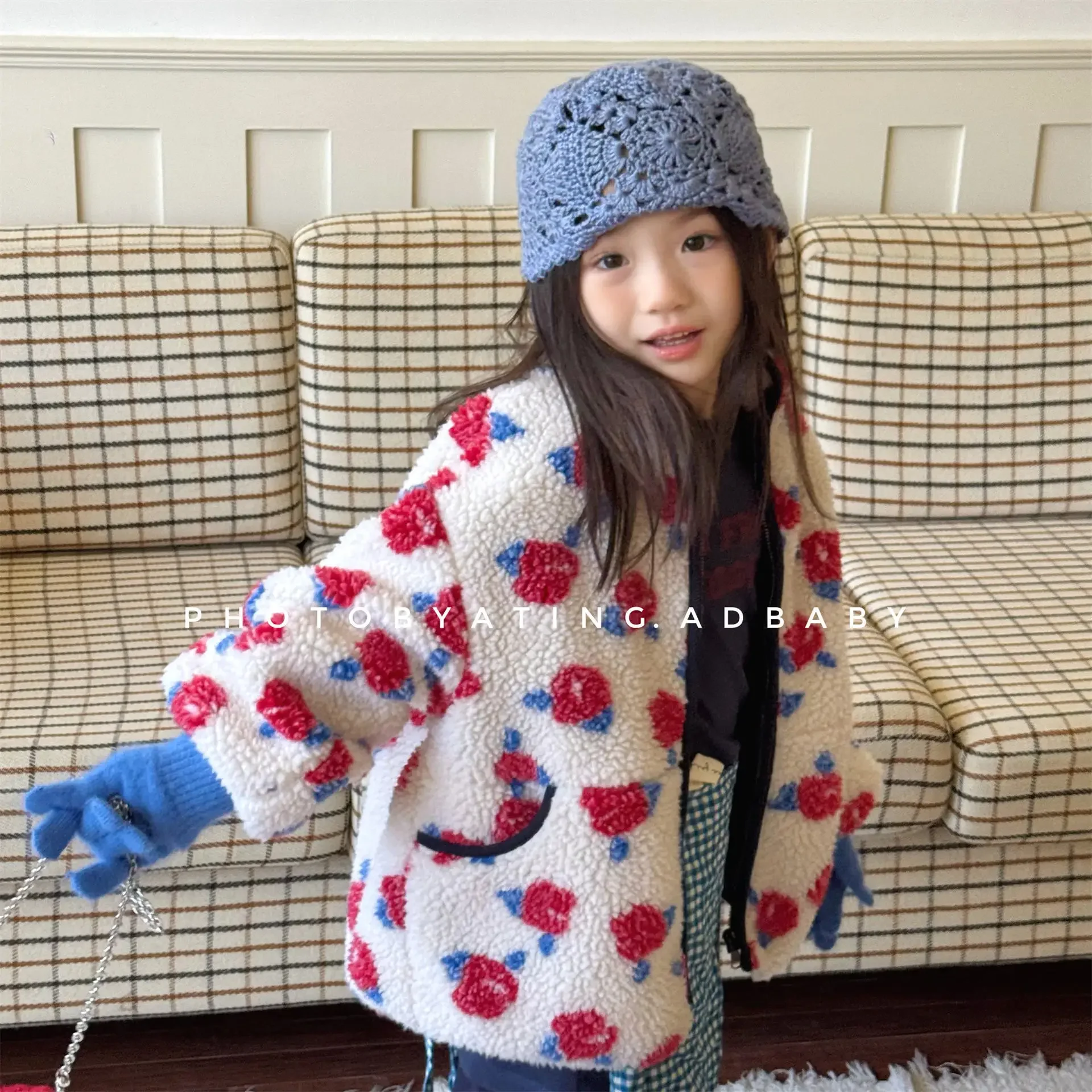 2026 New Winter Children Fleece Coats 2-6 Y Korean Style Floral Printed Boys Girls Thicken Warm Outerwear Kids Clothes