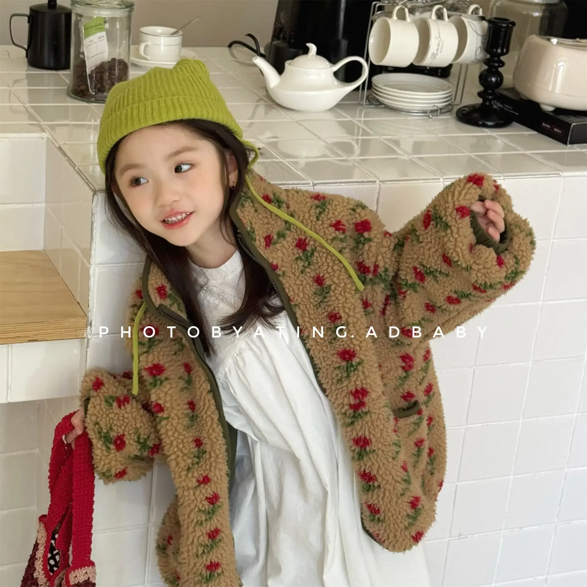 2026 New Winter Children Fleece Coats 2-6 Y Korean Style Floral Printed Boys Girls Thicken Warm Outerwear Kids Clothes