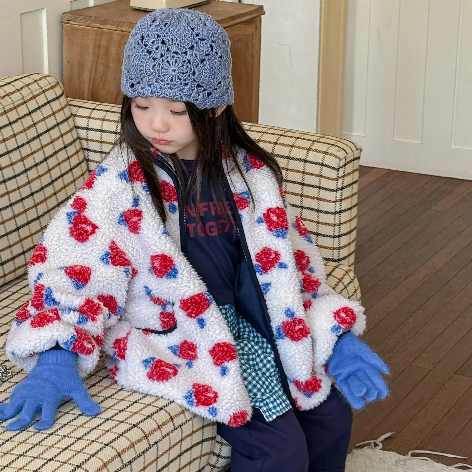 2026 New Winter Children Fleece Coats 2-6 Y Korean Style Floral Printed Boys Girls Thicken Warm Outerwear Kids Clothes