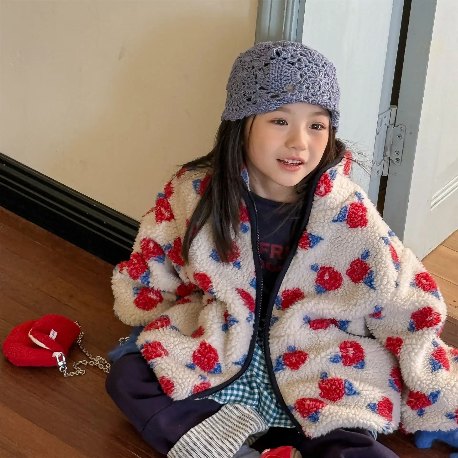 2026 New Winter Children Fleece Coats 2-6 Y Korean Style Floral Printed Boys Girls Thicken Warm Outerwear Kids Clothes