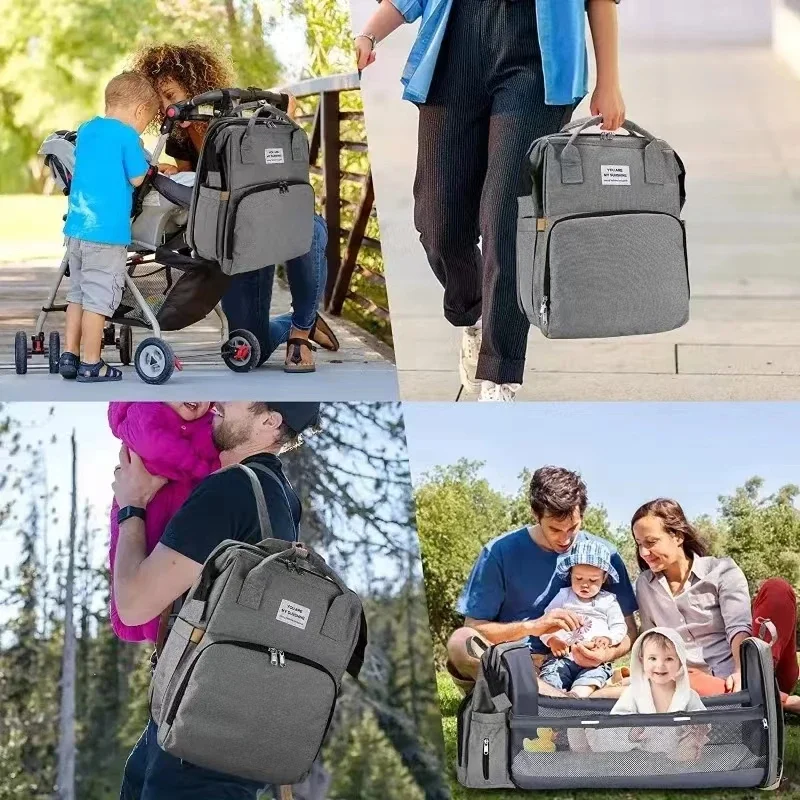 Foldable Bed Diaper Bag with Changing Station Insulated Pocket and Large Capacity Multifunctional Double Shoulder Mommy Bag
