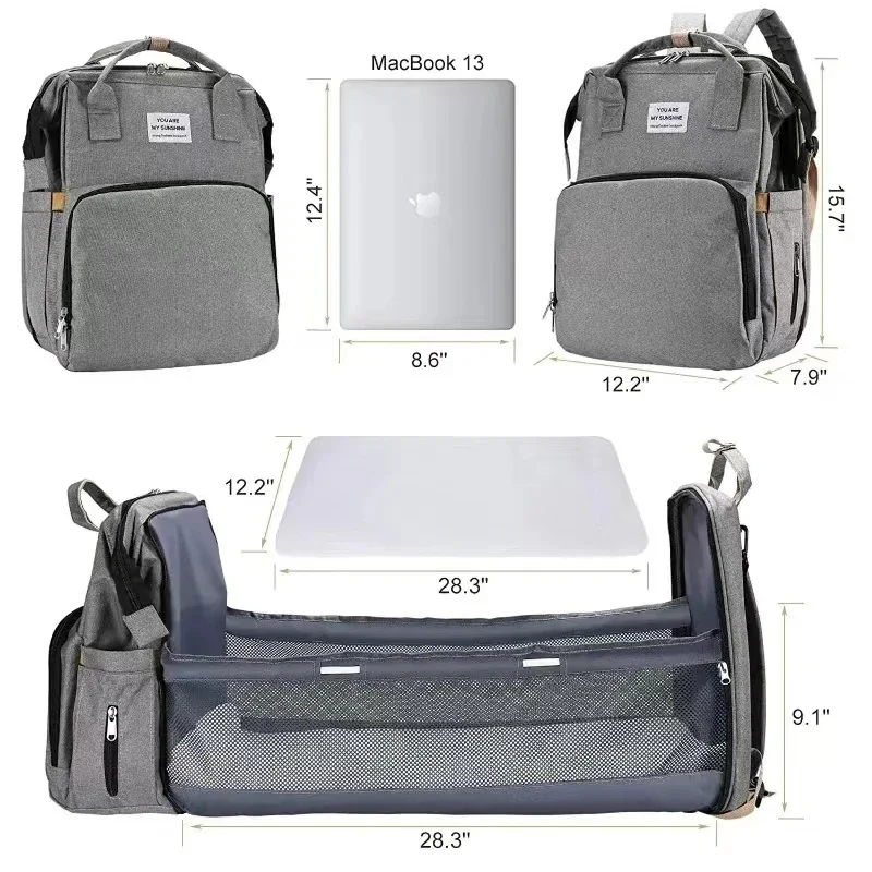Foldable Bed Diaper Bag with Changing Station Insulated Pocket and Large Capacity Multifunctional Double Shoulder Mommy Bag