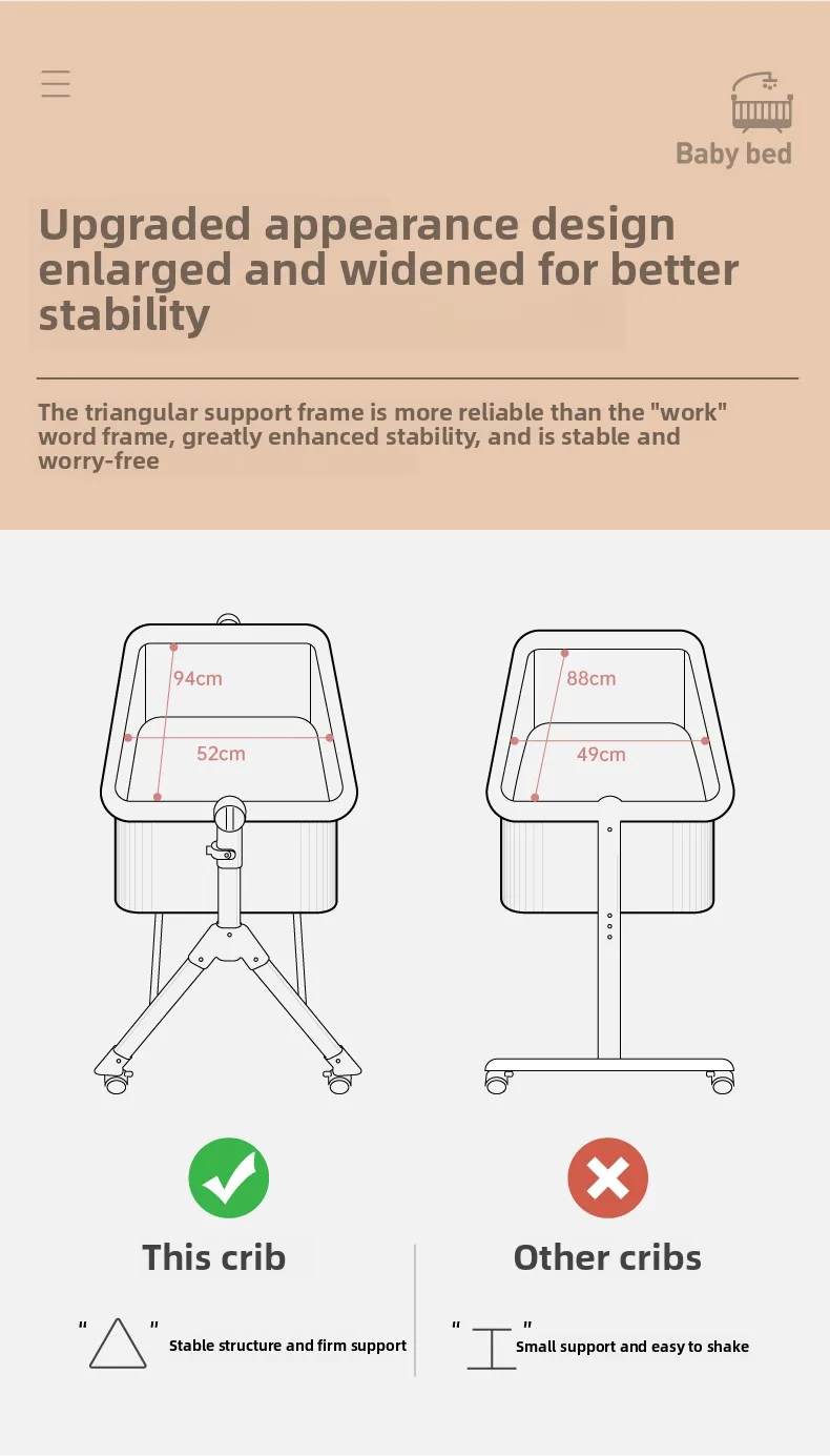 Baby Bedside Crib for Newborn 0-12 Months Adjustable Bassinet Infant Cot with Side Opening 3 Height Levels Foam Mattress Mosquito Net Storage Basket Changing Table 4 Lockable Swivel Wheels Manual Rocking Portable Iron Frame