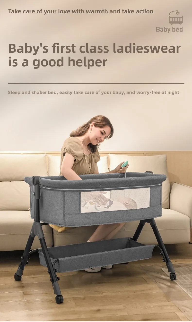 Baby Bedside Crib for Newborn 0-12 Months Adjustable Bassinet Infant Cot with Side Opening 3 Height Levels Foam Mattress Mosquito Net Storage Basket Changing Table 4 Lockable Swivel Wheels Manual Rocking Portable Iron Frame