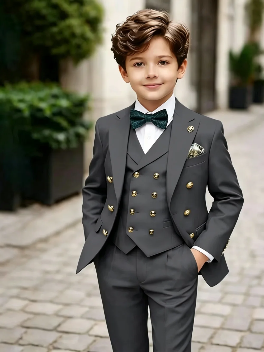 3 Pieces Boys Homecoming Suit Set 3 Pieces Banquet Party Wear Classic Peak Lapel Kids Slim Fit Tuxedo Wedding Ring Bearer Outfit