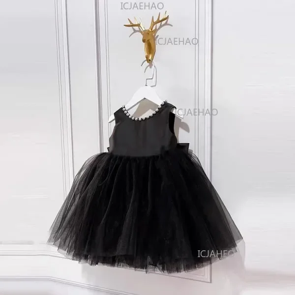 2026 Kids Host Runway Dress Fashion Evening Costume Gown New Children Girls Black Satin Elegant Piano Violin Performance Show