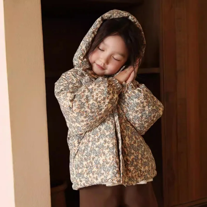 UNITIM Winter Infant Baby Girls Parkas 1-5Yrs Girls Floral Printed Hooded Outerwear Coat Toddler Hooded Jacket for Little Kids