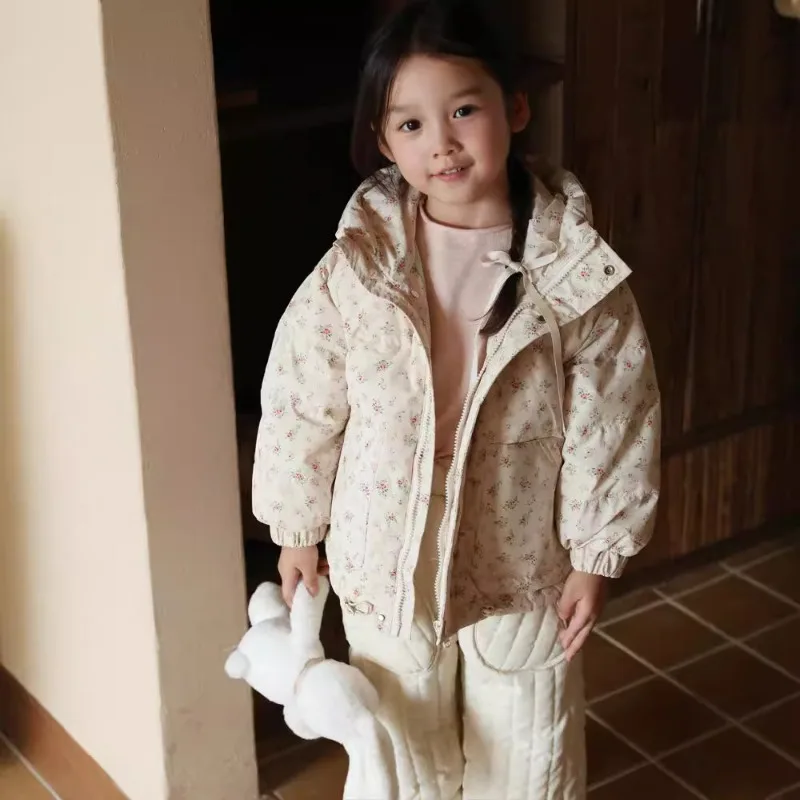 UNITIM Winter Infant Baby Girls Parkas 1-5Yrs Girls Floral Printed Hooded Outerwear Coat Toddler Hooded Jacket for Little Kids