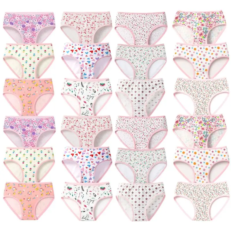 24 Pack Girls Unnderwear Cute Pink Hearts & Floral Design Cotton Underpants for Kids