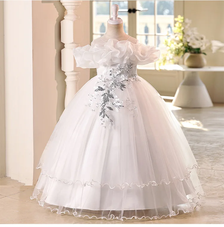 New High-End Luxury Flower Girl Wedding Show Performance Dress for Girls, Puff Sleeve Sequin Princess Dress