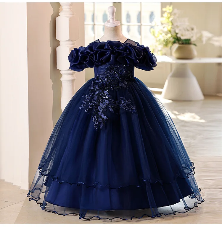New High-End Luxury Flower Girl Wedding Show Performance Dress for Girls, Puff Sleeve Sequin Princess Dress
