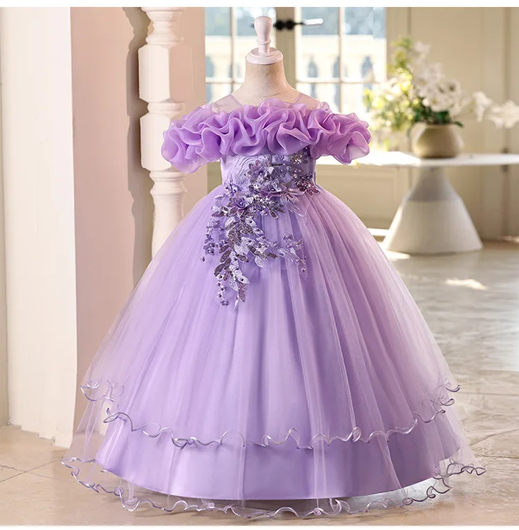 New High-End Luxury Flower Girl Wedding Show Performance Dress for Girls, Puff Sleeve Sequin Princess Dress