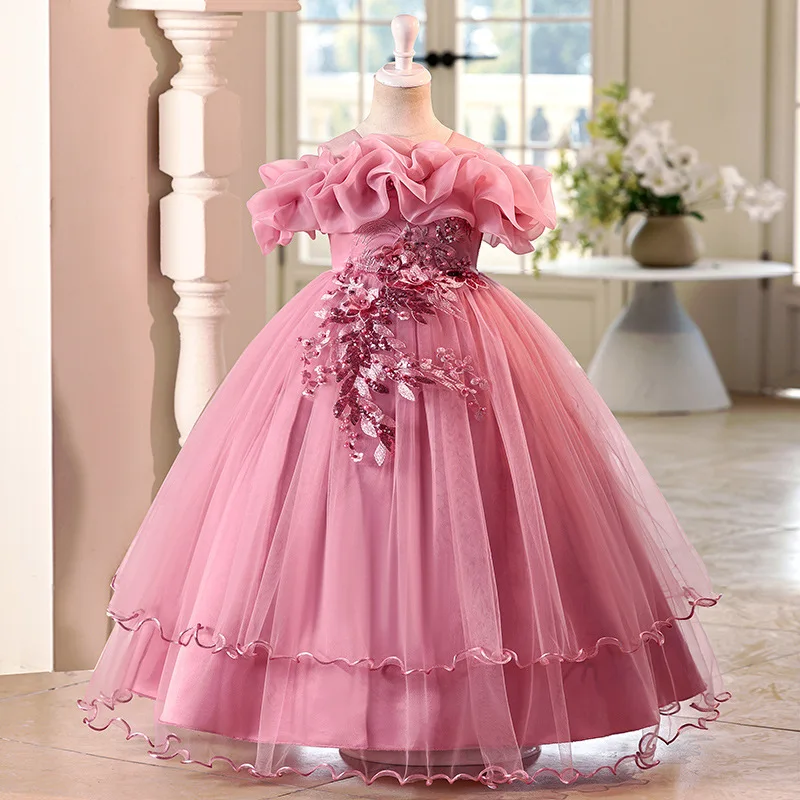 New High-End Luxury Flower Girl Wedding Show Performance Dress for Girls, Puff Sleeve Sequin Princess Dress