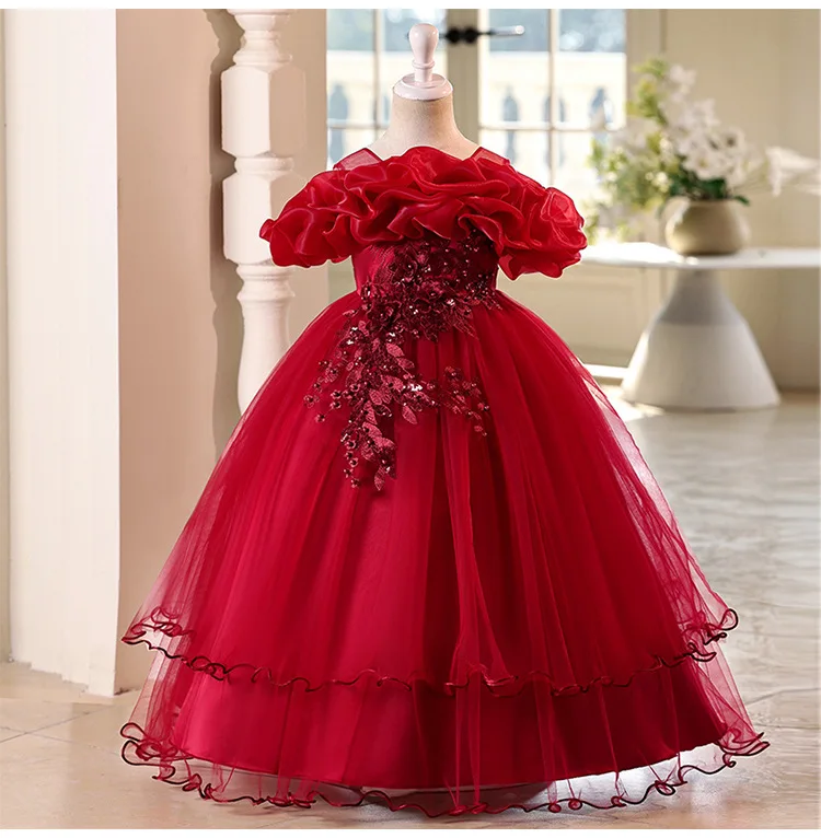 New High-End Luxury Flower Girl Wedding Show Performance Dress for Girls, Puff Sleeve Sequin Princess Dress