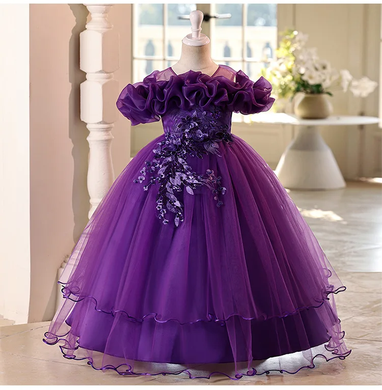 New High-End Luxury Flower Girl Wedding Show Performance Dress for Girls, Puff Sleeve Sequin Princess Dress
