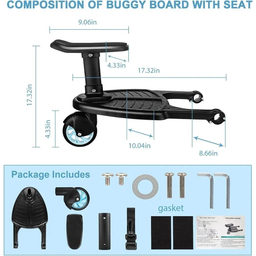 Wheeled Stroller Board with Seat, with Pushchairs Extra-Large Platform, Standing Pedal with Sitting Seat Stroller Accessory