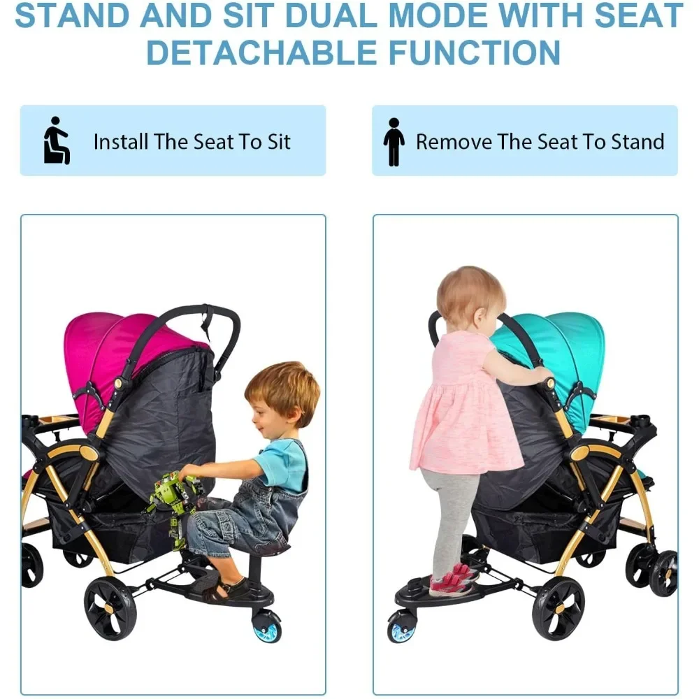 Wheeled Stroller Board with Seat, with Pushchairs Extra-Large Platform, Standing Pedal with Sitting Seat Stroller Accessory