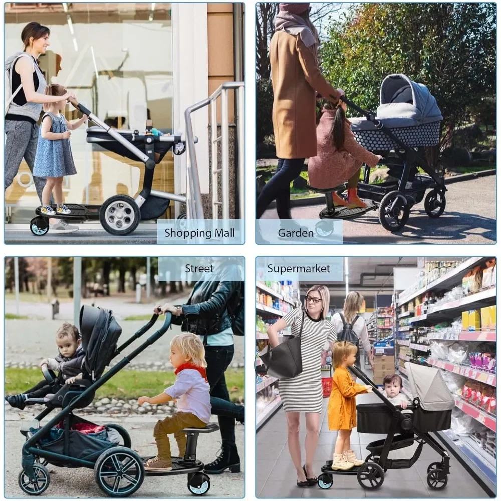 Wheeled Stroller Board with Seat, with Pushchairs Extra-Large Platform, Standing Pedal with Sitting Seat Stroller Accessory