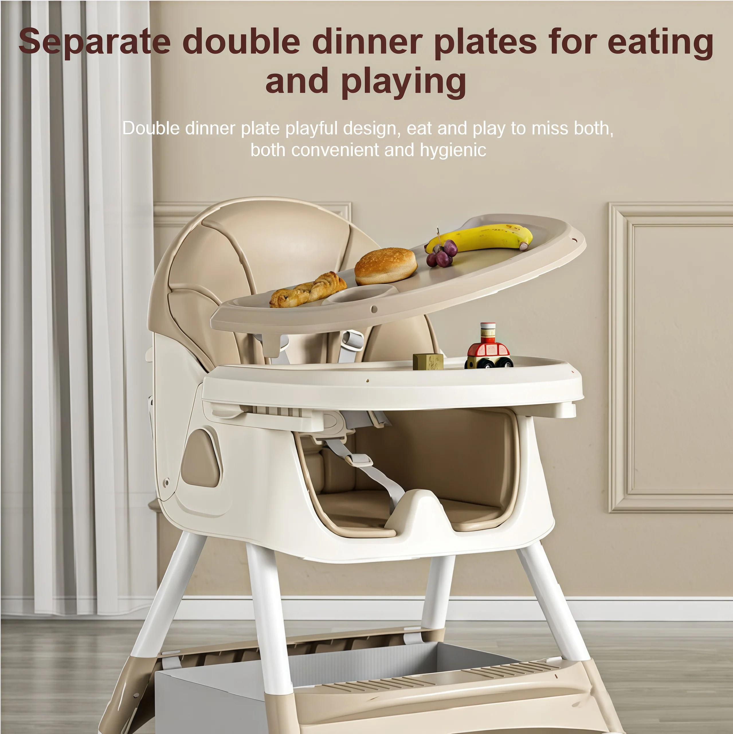 Comfortable Baby Rocking High Chair 3-Position Adjustable Reclining Infant Feeding Seat with Toy Shelf 4-Position Double Dinner Plate Swivel Wheels Safety Harness Storage Shelf Highchairs for Baby