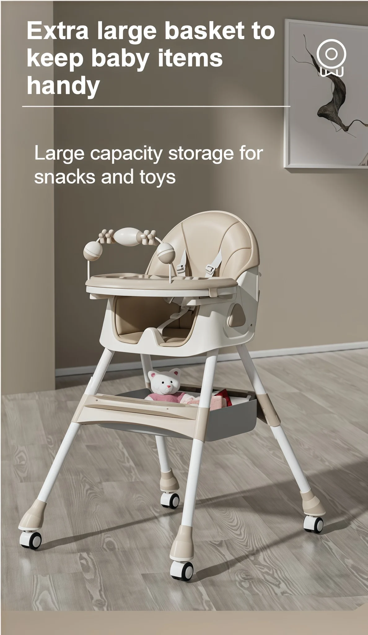 Comfortable Baby Rocking High Chair 3-Position Adjustable Reclining Infant Feeding Seat with Toy Shelf 4-Position Double Dinner Plate Swivel Wheels Safety Harness Storage Shelf Highchairs for Baby