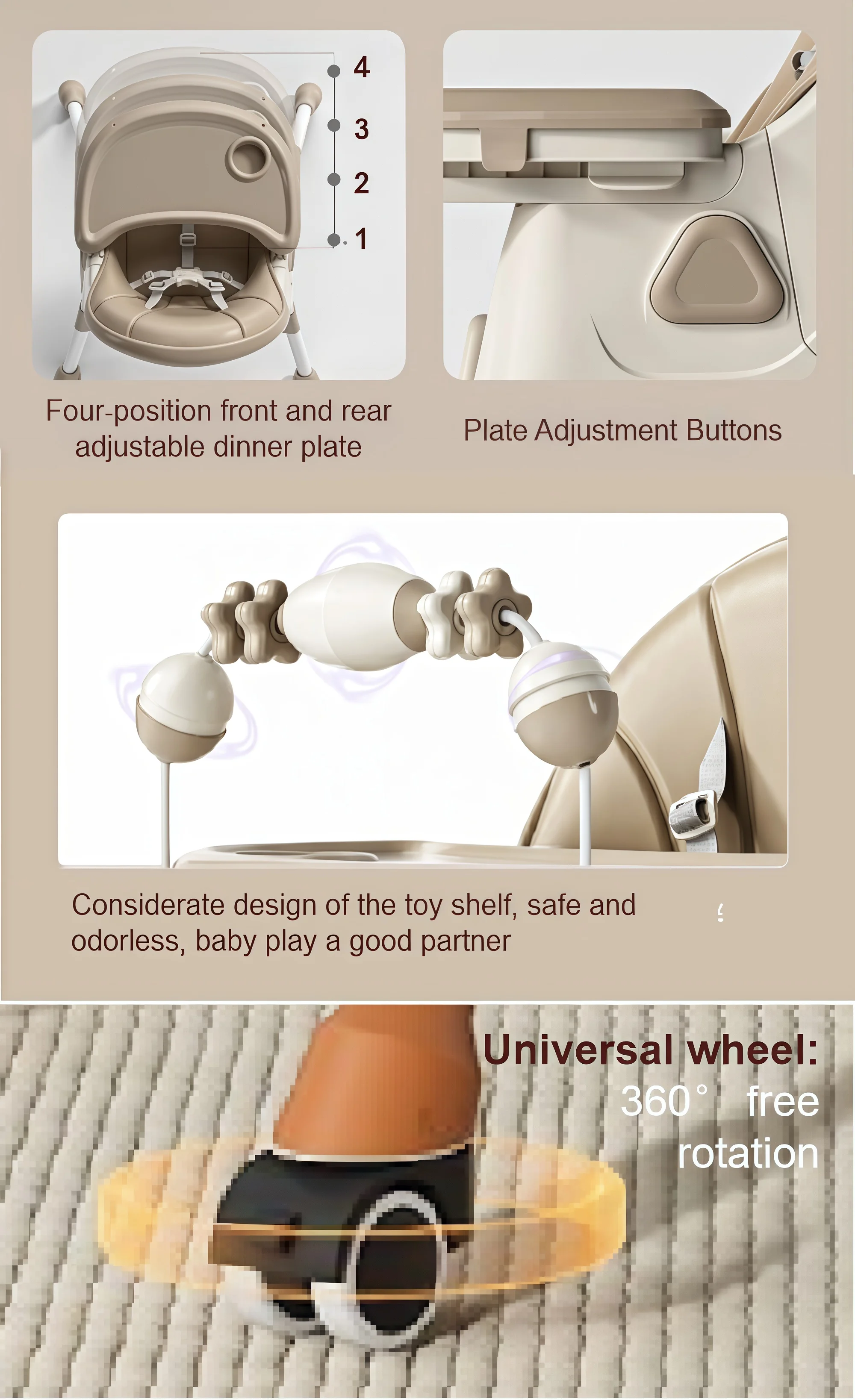 Comfortable Baby Rocking High Chair 3-Position Adjustable Reclining Infant Feeding Seat with Toy Shelf 4-Position Double Dinner Plate Swivel Wheels Safety Harness Storage Shelf Highchairs for Baby