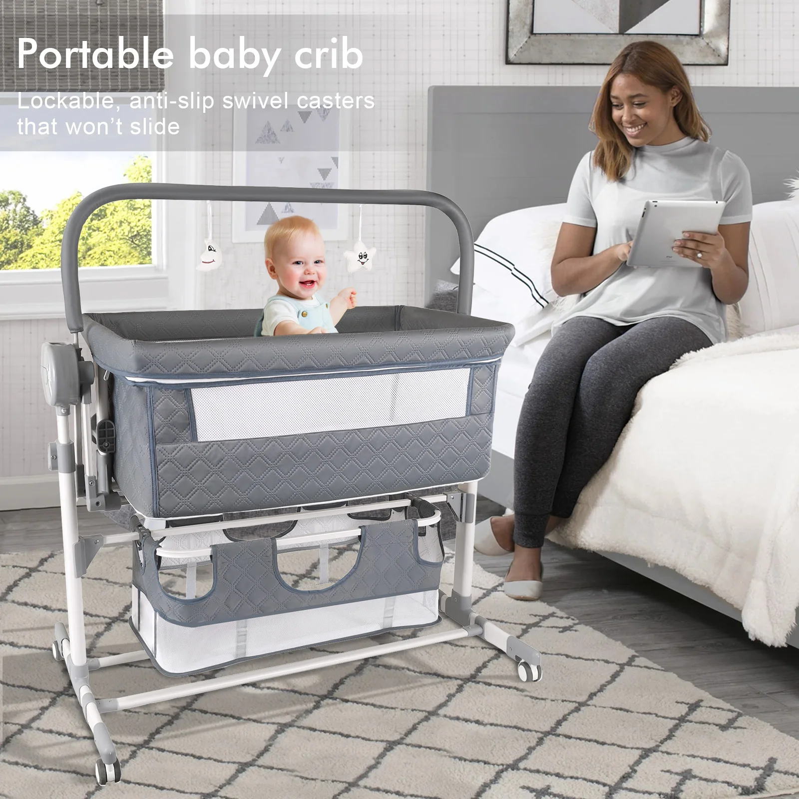 Multifunctional Electric Baby Cradle Bed, Portable Infant Side Sleeper Crib with Remote Control, Soothing Music, Toy Rack, Half-Covered Mosquito Net, Lockable Wheels and Breathable Window Screen