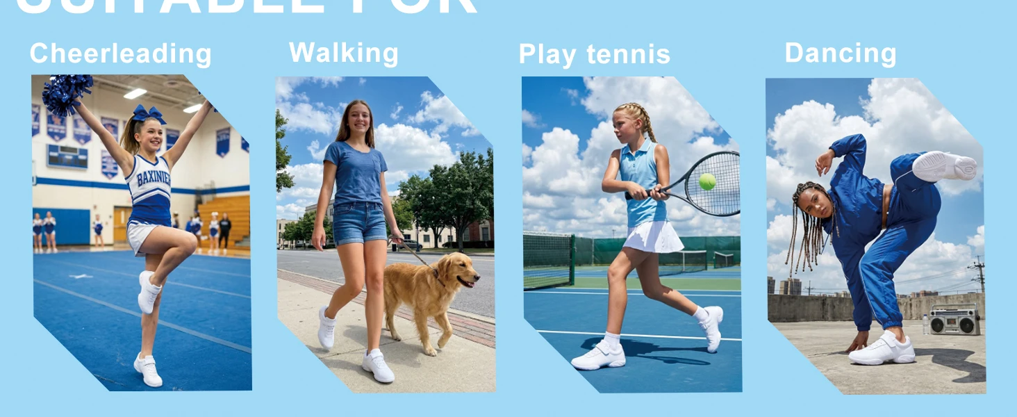BAXINIER Youth Kids Cheerleading Shoes White Black Synthetic Leather Athletic Training Sneakers for Girls Boys Students Perforated Breathable Soft Cushioned Insole Non-Slip Rubber Sole Competition Shoes