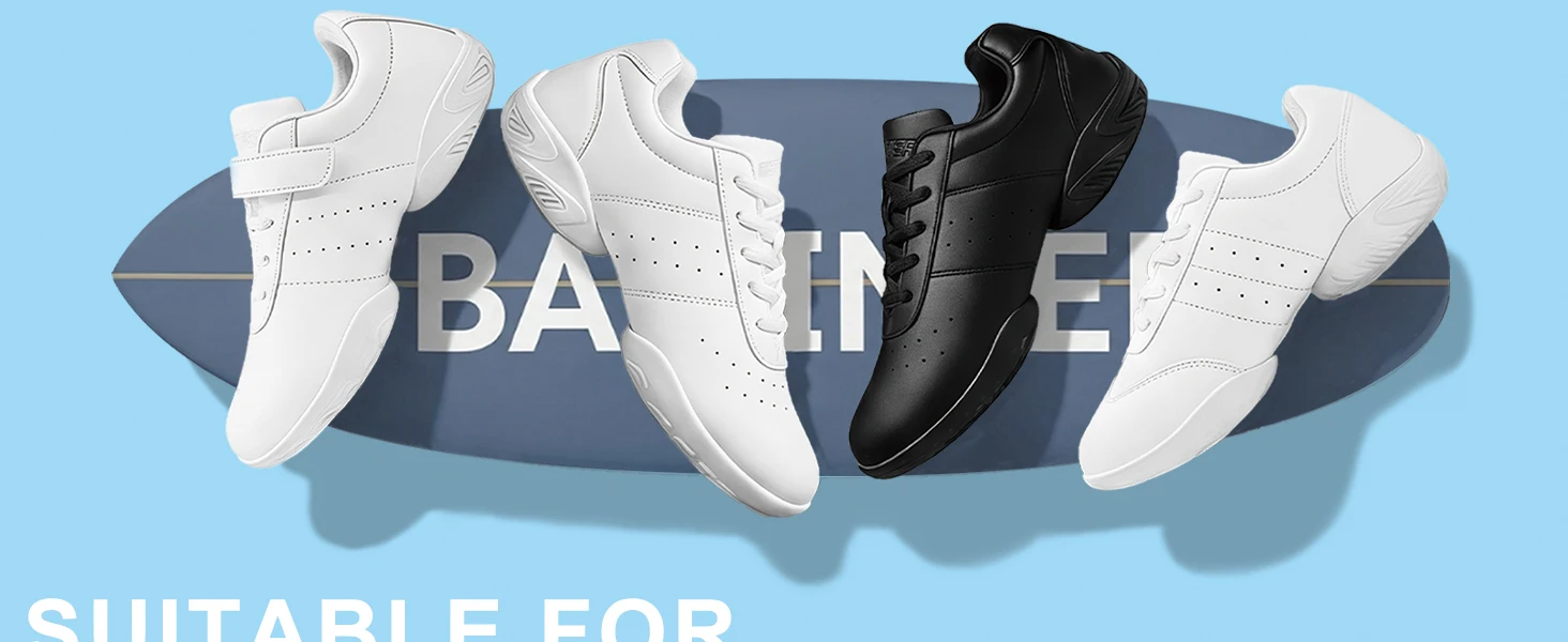 BAXINIER Youth Kids Cheerleading Shoes White Black Synthetic Leather Athletic Training Sneakers for Girls Boys Students Perforated Breathable Soft Cushioned Insole Non-Slip Rubber Sole Competition Shoes