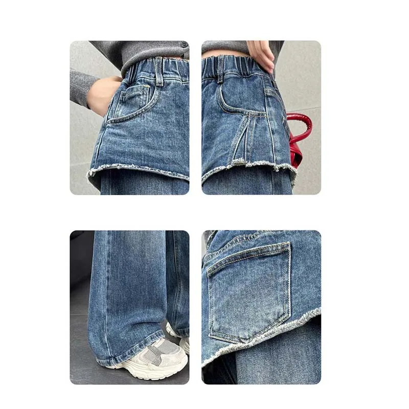 Girls Pants 2026 Spring and Autumn New Childrens Clothing Korean Style Girl Baby Cool Water Wash Fake Two Jeans Wide Leg Pants