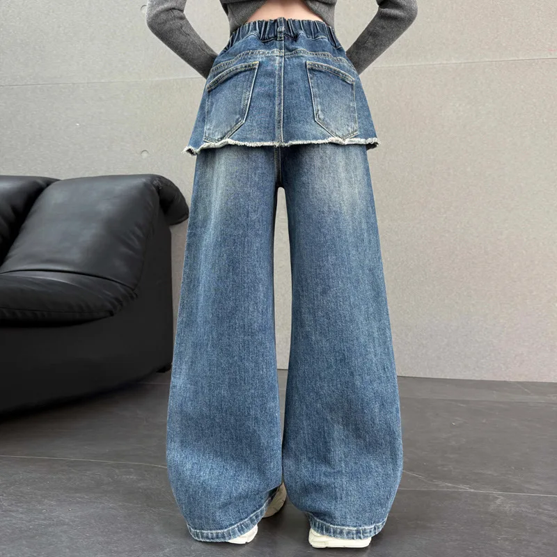 Girls Pants 2026 Spring and Autumn New Childrens Clothing Korean Style Girl Baby Cool Water Wash Fake Two Jeans Wide Leg Pants