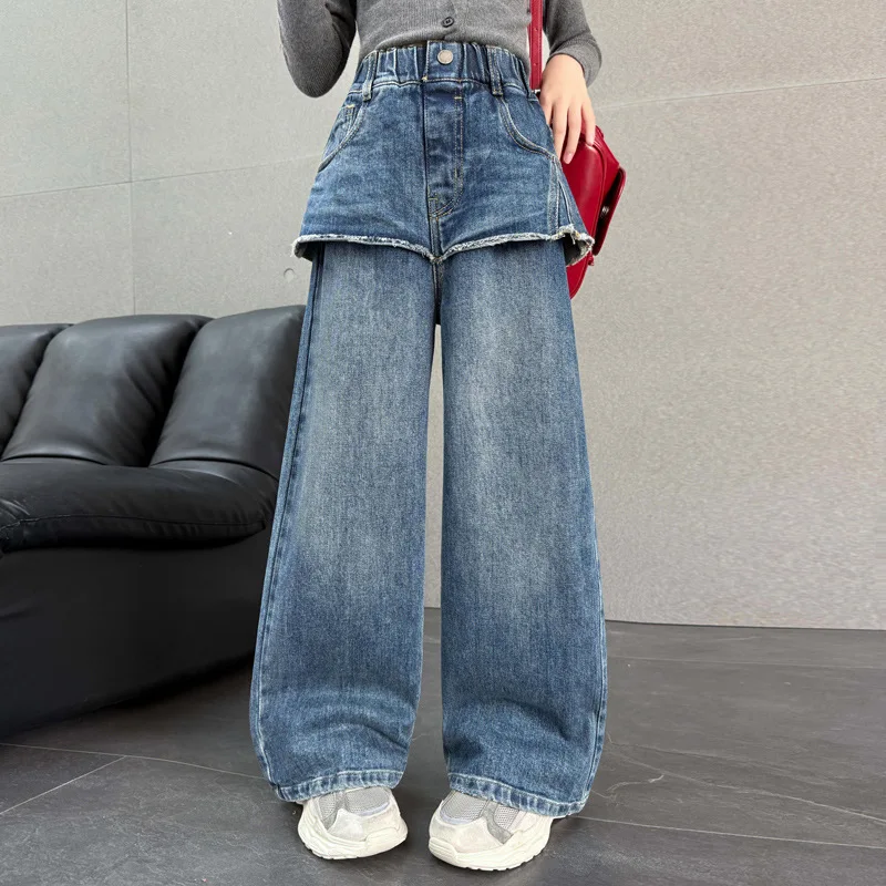 Girls Pants 2026 Spring and Autumn New Childrens Clothing Korean Style Girl Baby Cool Water Wash Fake Two Jeans Wide Leg Pants