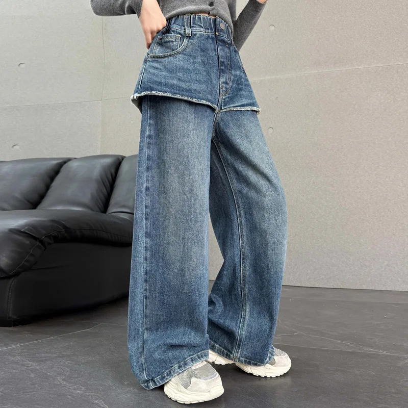 Girls Pants 2026 Spring and Autumn New Childrens Clothing Korean Style Girl Baby Cool Water Wash Fake Two Jeans Wide Leg Pants