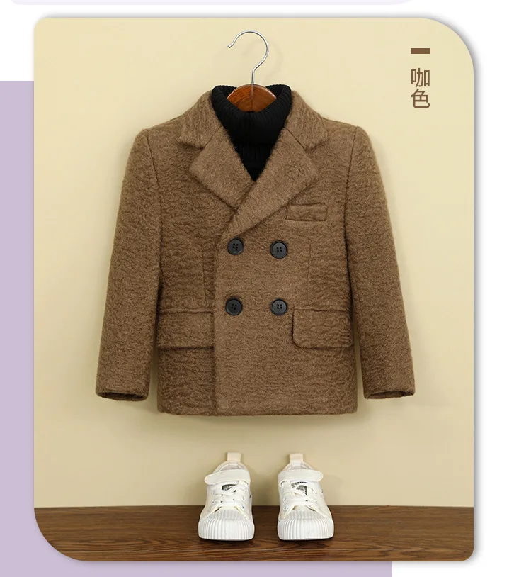 Kids Grey Curly Fleece Wool Blazer Double-Breasted Short Coat Winter Outerwear Warm Formal Jacket for Teen Boys 3-14 Years
