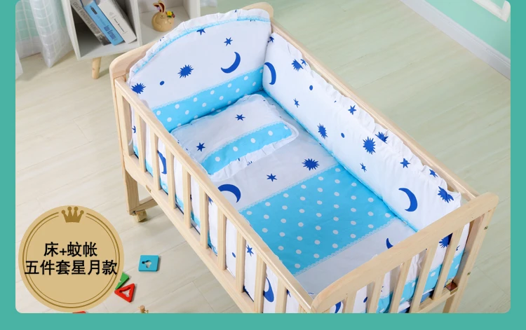 Baby Wooden Crib with Mosquito Net Baby Rocking Crib with Roller Newborn Infant Game Bed Computer Table Baby Cot Bedding Set
