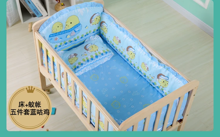 Baby Wooden Crib with Mosquito Net Baby Rocking Crib with Roller Newborn Infant Game Bed Computer Table Baby Cot Bedding Set